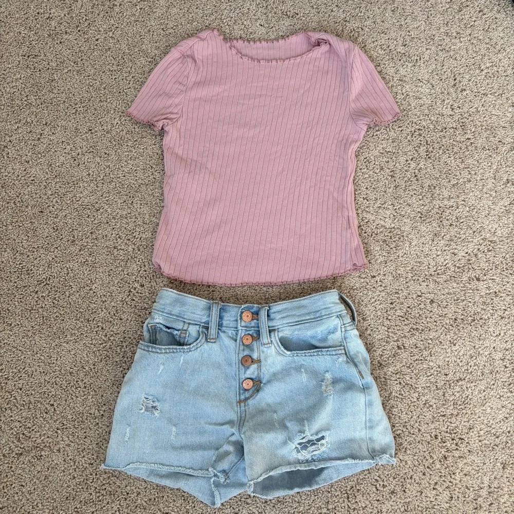 Old Navy Jean Shorts size 10 with Shein Girls Blush Ribbed Knit Top Size 9